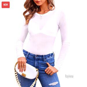 Sheer Mesh Long Sleeve Crewneck T-Shirt Slim Fit Stretchy See Through Top